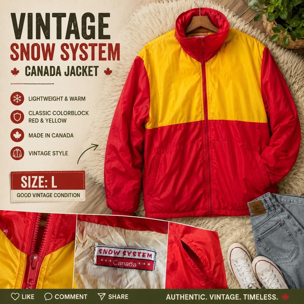 Vintage Snow System Canada Jacket Red Yellow Colorblock Hidden Hood Womens Large